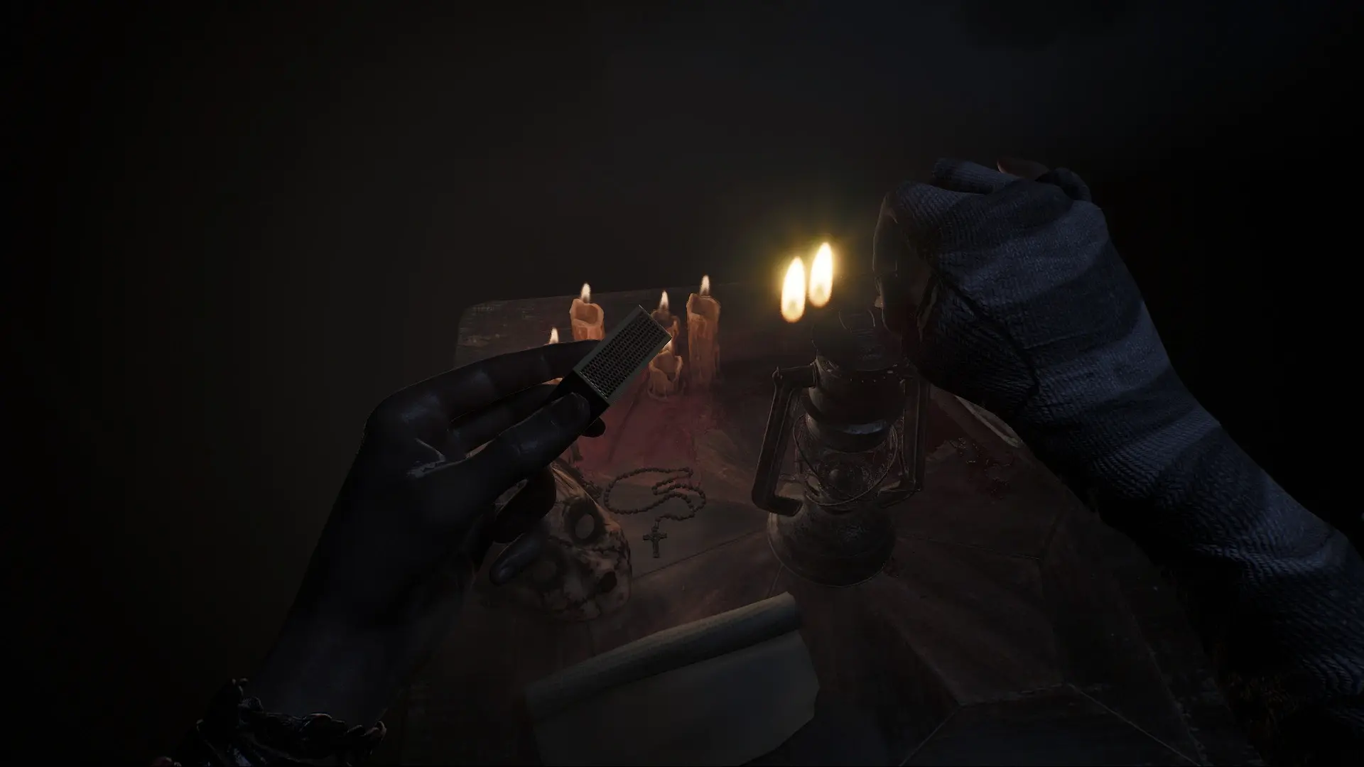 A candlelit classroom in Black Lake filled with dolls and improvised safe light